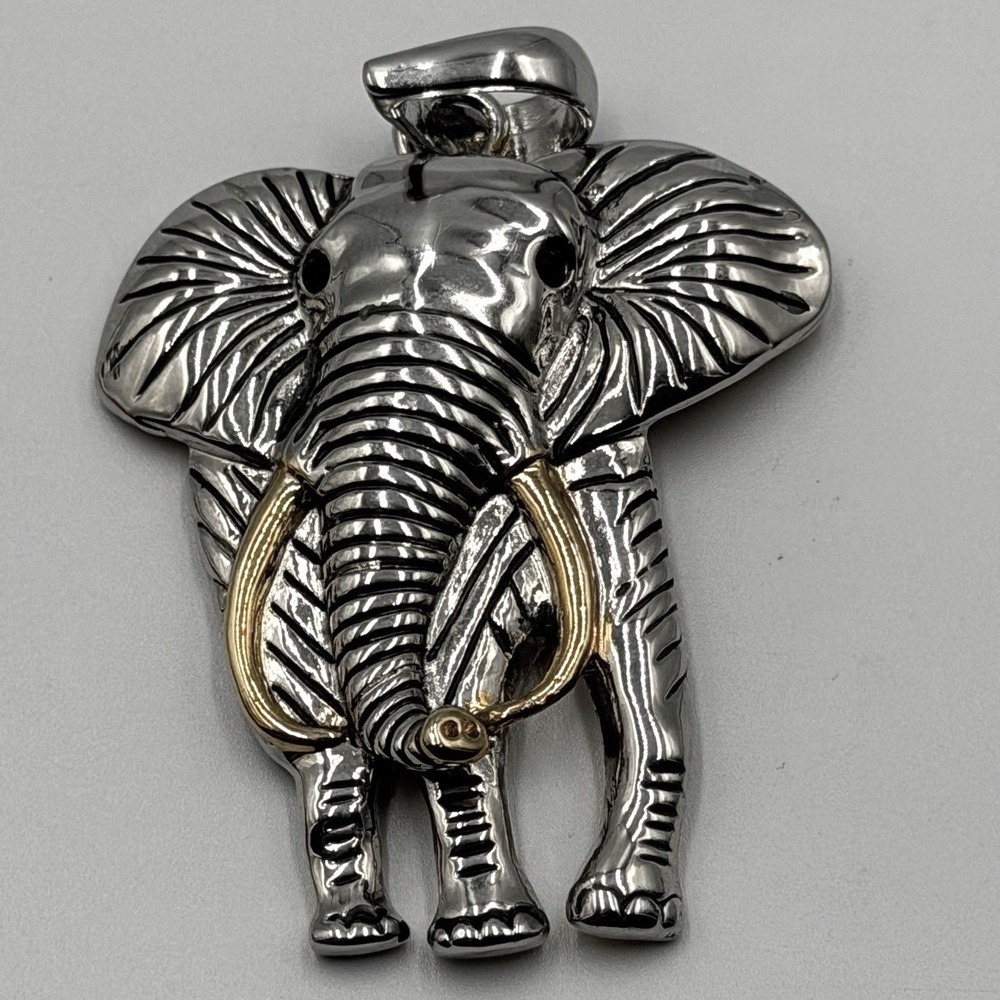 Two Tone Elephant Pendant Silver Gold Tone Large Safari Statement Charm